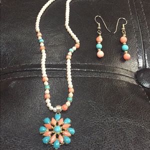 Genuine pearls, Blue Stone & Red coral Necklace Earrings set !